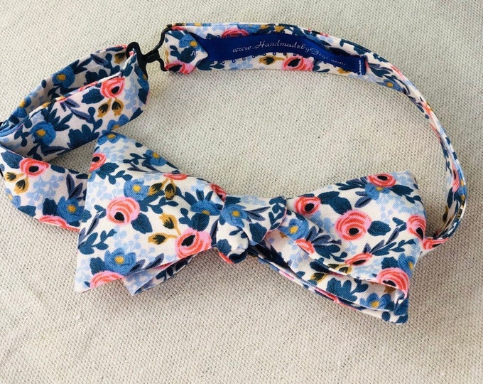 Adult Pink and Navy Rifle Paper Co. Bow Tie with Flowers