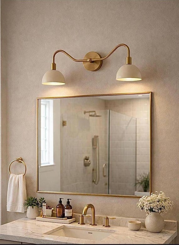 Modern Brass Double Wall Sconce, Mid-Century Vanity Light, White Shades