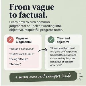 Pu&ograve; includere: Un grafico educativo con il titolo From vague to factual. Presenta una tabella comparativa con un'icona X rossa per frasi vaghe o critiche e un'icona di spunta verde per note chiare e oggettive, inclusi esempi di testo e un banner inferiore.