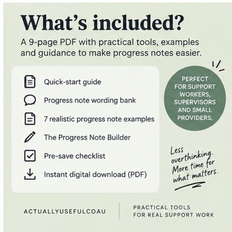 Pu&ograve; includere: Un documento PDF di 9 pagine intitolato What's included? che elenca strumenti per le note di avanzamento, tra cui una guida rapida, una banca dati di formulazioni, 7 esempi, un generatore, una lista di controllo e un download.