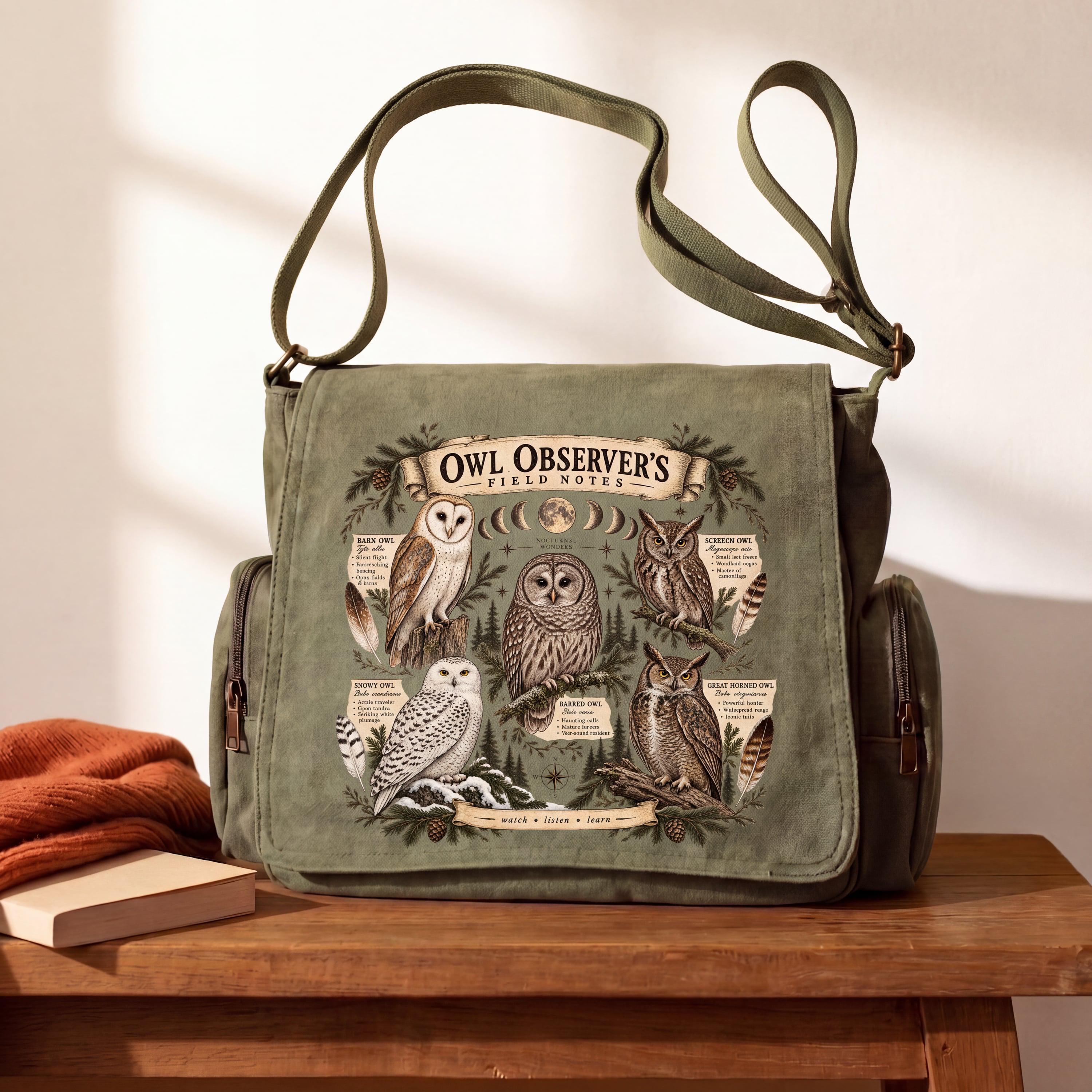 Owl Observer Field Notes Canvas Messenger Bag, Bird Guide Chart Crossbody Satchel, Birdwatcher Gift,