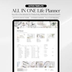 以下が含まれることがあります： タブレット画面に表示された「ALL IN ONE Life Planner」というタイトルのデジタルNotionテンプレート。インターフェースはホワイトテーマで、Daily、Planners、Personal、Goalsのセクションがあり、タスクリスト、進捗バー、天気データが含まれています。