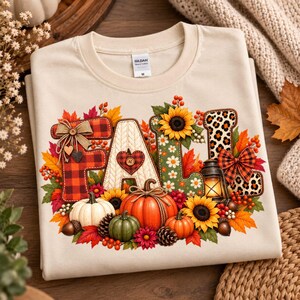 T Shirt Design PNG | Fall Patchwork Letters | Pumpkin Sunflower Leopard Plaid | Autumn Sublimation