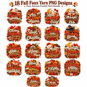 Könnte beinhalten: Eine Sammlung von 18 digitalen Grafikdesigns mit herbstlichen Garntexturen, Kürbissen, Blättern und gemütlichen Motiven. Jedes kreisförmige Design enthält stilisierte Schriftzüge wie Sweater Weather Society, Little Spooky Very Cozy und Pumpkin Patch Picnic.