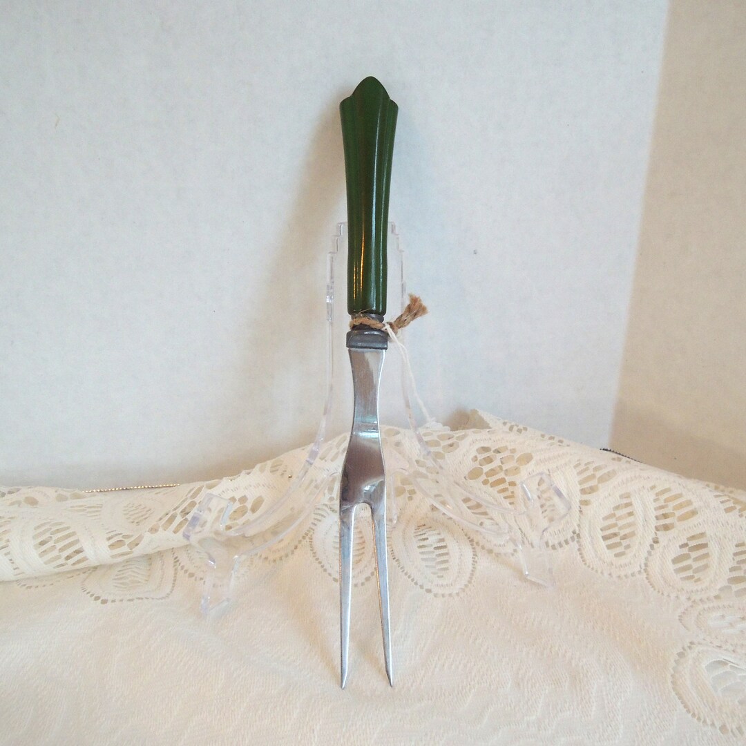 Large Meat Fork Green Bakelite Art Deco Handle Stainless Etsy