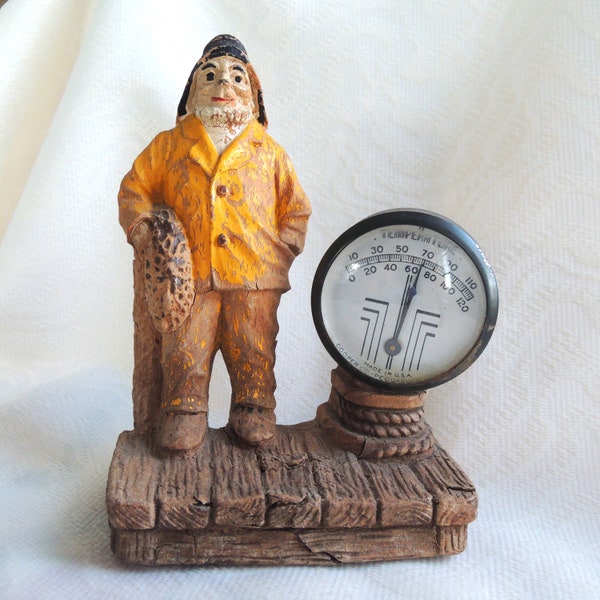 Fisherman Thermometer, Orna Wood, Gloucester Fisherman possibly, Fair-good vintage working condition, Wood-like product, Vintage