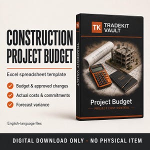 May include: A digital product cover for a Construction Project Budget Excel spreadsheet template. The black box features the Tradekit Vault logo, a calculator, a rolled blueprint, a project ledger, and a miniature building model on a grid background.