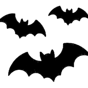 May include: Three black bat silhouettes arranged in a cluster. Each bat features pointed ears and outstretched wings with scalloped edges. The shapes are solid black and isolated against a plain white background, showing distinct wing spans.