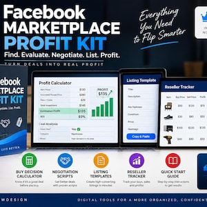 Może przedstawiać: Cyfrowy zestaw zysków Facebook Marketplace zawierający niebieskie pudełko, ekran laptopa z kalkulatorem zysków, tablet z szablonem aukcji oraz ekran z trackerem odsprzedaży, wraz z ikonami narzędzi do negocjacji i listingu.
