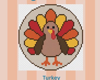 May include: A needlepoint digital chart featuring a pixelated turkey design with a brown body, orange feet, and a fan-shaped tail in red, orange, and yellow. The text reads Needlepoint Digital Chart, Turkey, 13 mesh, and Honey's Stitchery Co.
