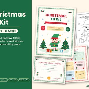 May include: A Christmas Elf Kit featuring 24 days of activities and 21 pages. The set includes an arrival letter, daily notes, a parent planner, report cards, and props. The cover displays a cartoon elf, Christmas trees, and gifts.
