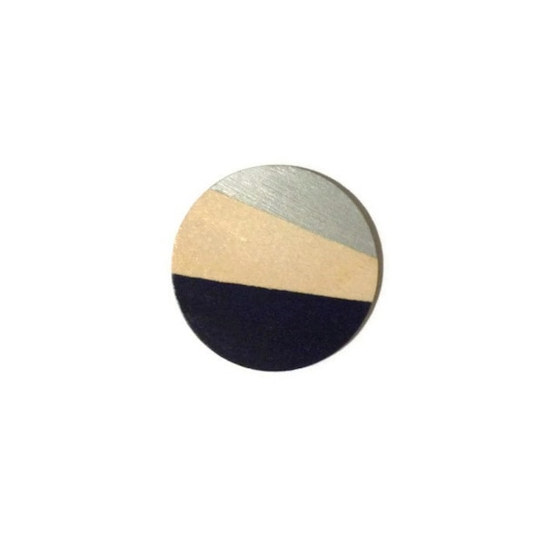 Modern painted round wood brooch - "Night Sky" - cobalt blue & silver