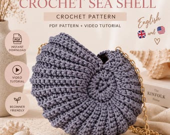 May include: A grey crocheted bag shaped like an ammonite sea shell with a gold chain strap. The text reads AMMONITE CROCHET SEA SHELL, CROCHET PATTERN, PDF PATTERN + VIDEO TUTORIAL, English, and Gomitolo di lana, with icons for download and video.
