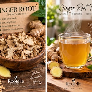 May include: A wooden bowl filled with dried ginger root pieces next to fresh ginger slices and a wooden sign labelled GINGER ROOT. Beside it, a glass mug of steaming ginger tea sits near fresh ginger, a lemon slice, and mint leaves.