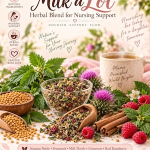 May include: Milk a Lot herbal blend for nursing support featuring text, a mug with Mama Nourished World Brighter, a glass bowl of dried herbs, wooden scoops with fenugreek seeds, cinnamon sticks, red raspberries, and stinging nettle leaves.