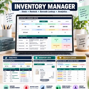 May include: A digital inventory manager spreadsheet displayed on a laptop screen, featuring an Inventory Command Center dashboard with stock, restock, and analytics tabs. The interface includes tables for stock health, restock decisions, and product data.