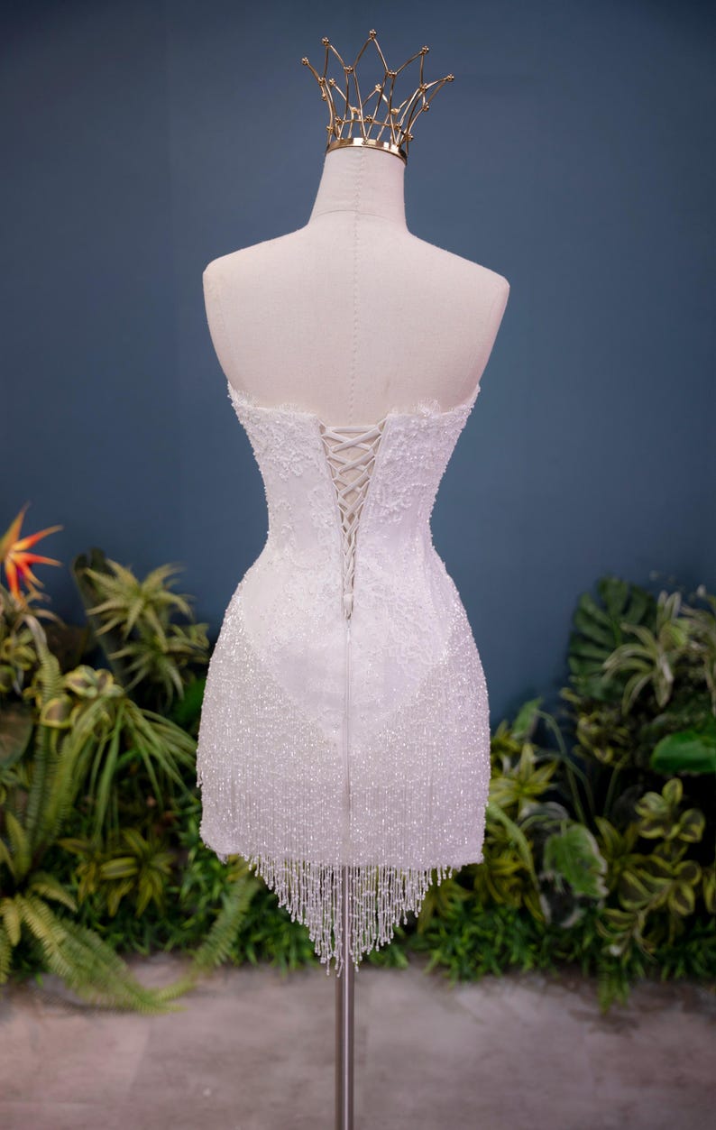 Beaded Lace Strapless Mini Wedding Dress, Sweetheart Second Look Beaded Lace Strapless Mini Wedding Dress, Sweetheart Second Look
