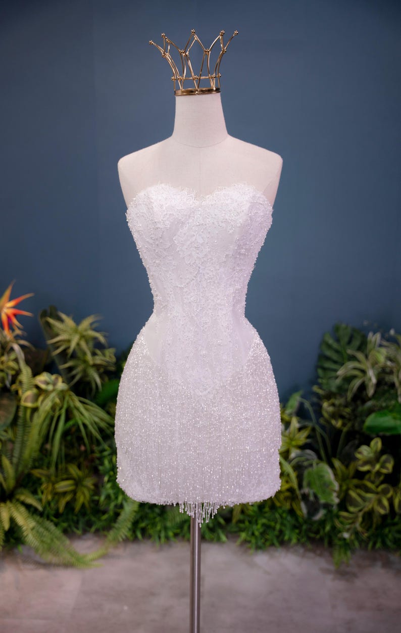 Beaded Lace Strapless Mini Wedding Dress, Sweetheart Second Look Beaded Lace Strapless Mini Wedding Dress, Sweetheart Second Look