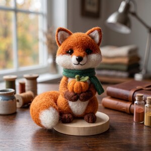 Fox Lover Fall Gift Needle Felted Woodland Animal Holding Tiny Halloween Pumpkin