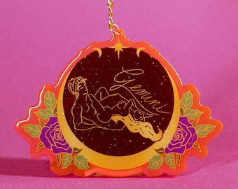 Couples Gift Gemini Zodiac Keychain Neon Astrology Keepsake Romantic Birthday Anniversary Valentine Wedding Horoscope Keyring