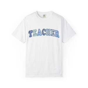Teacher Floral Patchwork Shirt, Educator Gift, Comfort Colors 1717 Garment Dyed Tee, Flower Applique