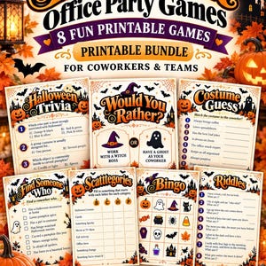 Op de afbeelding: Een printbaar Halloween kantoorfeest spelpakket met acht verschillende activiteitenbladen, waaronder trivia, would you rather, kostuumraadspellen, bingo en raadsels, allemaal versierd met feestelijke seizoensgebonden afbeeldingen.
