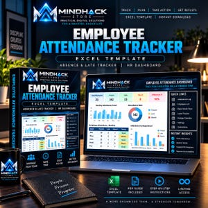 May include: A digital employee attendance tracker Excel template displayed on a laptop screen and a product box. The dashboard shows attendance metrics, monthly trends, and department data. Includes a black mug and a notebook with the text People. Process. Progress.