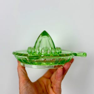 May include: A light green, translucent glass citrus juicer featuring a central pointed reamer surrounded by a circular basin with vertical ridges and a small handle extending from one side, designed for extracting juice from citrus fruits.
