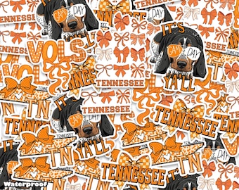 Può includere: Una collezione di adesivi con motivi arancioni e bianchi, inclusi fiocchi, lo stato del Tennessee e un cane da caccia che indossa occhiali da sole con il testo GAME DAY. Altri testi includono VOLS, TENNESSEE e TN YA'LL in caratteri arancioni e bianchi.