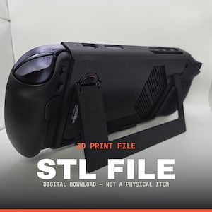 Puede incluir: Una consola de juegos portátil negra con un soporte integrado en la parte posterior, mostrada con el texto 3D PRINT FILE, STL FILE y DIGITAL DOWNLOAD - NOT A PHYSICAL ITEM superpuesto para indicar que es un archivo de diseño digital.