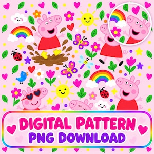 May include: A digital pattern featuring Peppa Pig characters in red dresses, jumping in mud puddles, surrounded by rainbows, yellow suns, pink hearts, colourful butterflies, ladybirds, blue birds, and flowers on a light pink background with text.