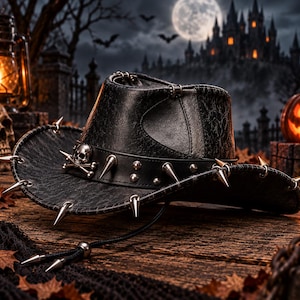 May include: A black textured cowboy hat featuring a leather band adorned with silver-toned metal spikes and a skull and crossbones emblem. The hat includes a chin strap with two silver-toned metal spikes at the ends and a distressed finish.