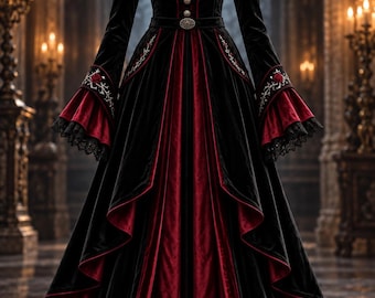 May include: A floor-length black and deep red velvet coat dress featuring a high collar, silver-toned buttons, and intricate white embroidery with red rose accents. The garment includes flared sleeves with black lace trim and silver chain details.