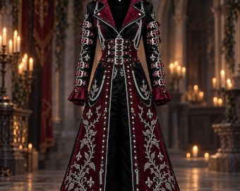 May include: A long, hooded coat in black and deep red, featuring silver embroidery of floral patterns and fleur-de-lis. The garment includes multiple buckled straps along the sleeves and front closure, with silver chain accents and ruffled cuffs.