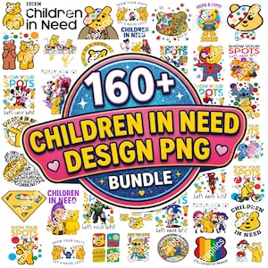 以下が含まれることがあります： 160種類以上のChildren in NeedデザインPNGファイルのデジタルコレクション。黄色いクマのマスコット、パッジーがスーパーヒーローの衣装やスポーツ、キャラクターとのコラボレーションなど、様々なテーマで描かれており、Show Your Spotsといったテキストが含まれています。