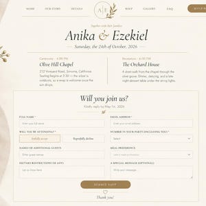 May include: A digital wedding invitation website template featuring a cream background with white floral accents. The text displays the names Anika and Ezekiel, the date October 24th, 2026, and event details for Olive Hill Chapel and The Orchard House.