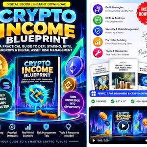 May include: A digital ebook titled Crypto Income Blueprint, a practical guide to DeFi, staking, NFTs, airdrops, and digital asset risk management. The cover features cryptocurrency icons, a glowing blue graphic, and the text 21.59 cm x 27.94 cm.