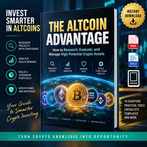 May include: A digital book titled The Altcoin Advantage: How to Research, Evaluate, and Manage High-Potential Crypto Assets. The cover features glowing cryptocurrency coins over a globe, with text detailing chapters, practical tools, and checklists.