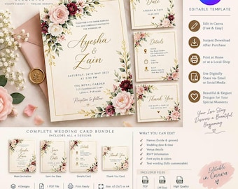 Elegent Floral Wedding Invitation Template Editable Wedding Card Bundle