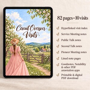 Puede incluir: Una tableta digital que muestra un planificador titulado Circuit Overseer Visits, con una ilustración de una persona con vestido rosa en un campo. El texto enumera 82 páginas, 10 visitas y secciones para notas de reuniones, índices y compatibilidad PDF.
