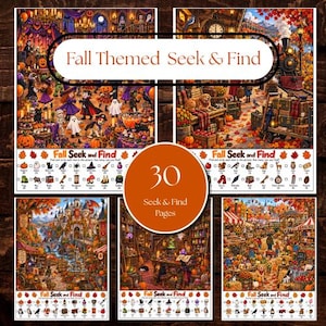 May include: A collection of 30 Fall Themed Seek & Find activity pages featuring colourful illustrations of autumn scenes, Halloween characters, and harvest festivals. Each page includes a checklist at the bottom to find hidden items in the images.