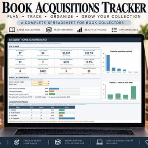 May include: A laptop screen displaying a Book Acquisitions Tracker spreadsheet for book collectors. The dashboard features charts, budget tracking, and acquisition pipelines. Text includes Book Acquisitions Tracker, Dashboard Overview, and More Books Happier Days.