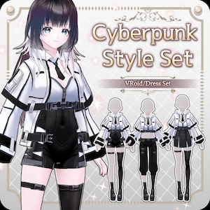 May include: A digital character outfit set titled Cyberpunk Style Set and VRoid/Dress Set. The clothing features a white jacket with black accents, a black tie, a black corset-style bodice, black shorts, and thigh-high black stockings.