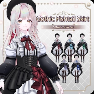 May include: A digital illustration of a Gothic Fishtail Skirt VRoid dress set. The outfit features a white blouse with black stripes, a black corset with buckles, and a layered skirt with a large bow. Five color variations are displayed.