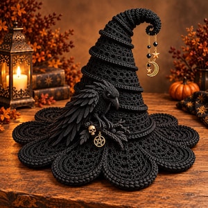 Pode incluir: Um chapéu de bruxa de crochê preto com formato cônico espiral texturizado e aba larga festonada. Uma figura de corvo preto está fixada na lateral, acentuada por um pequeno pingente de caveira e um pentagrama dourado pendurado num galho.