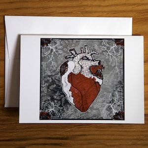 May include: A detailed illustration of a human heart, rendered in red and white, against a gray and white background. The heart is surrounded by a decorative frame with intricate details.