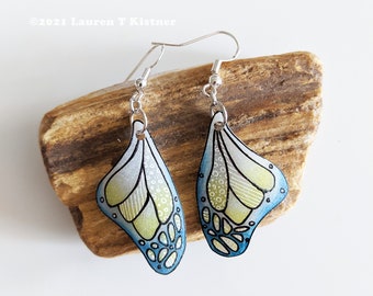 Blue and Yellow Butterfly Wing Dangle Earrings