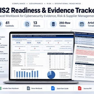 May include: A digital NIS2 Readiness & Evidence Tracker Excel workbook displayed on a laptop screen, featuring an executive management dashboard with data tables, charts, and metrics for cybersecurity, risk, and supplier management compliance.