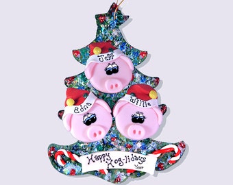 Pig ornament, Family tree for 3, Pig Gifts, Personalized Pig Gift, Handmade, Pig Family FREE Personalization