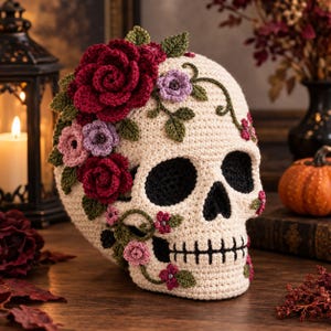 Puede incluir: Una calavera de ganchillo color crema decorada con flores de lana de color rojo oscuro, rosa claro y morado, junto con hojas verdes. La calavera presenta detalles en lana negra en las cuencas de los ojos, la nariz y la boca cosida.